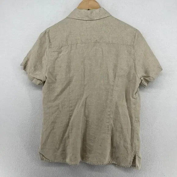 LL BEAN Shirt Womens S Washable Linen Button Up Short Sleeve Woven Beige - Picture 3 of 12